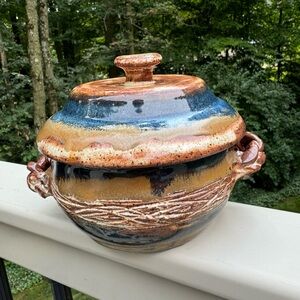 Drip Glaze Stoneware Studio Art Pottery Bowl with Lid Signed and Dated 2007